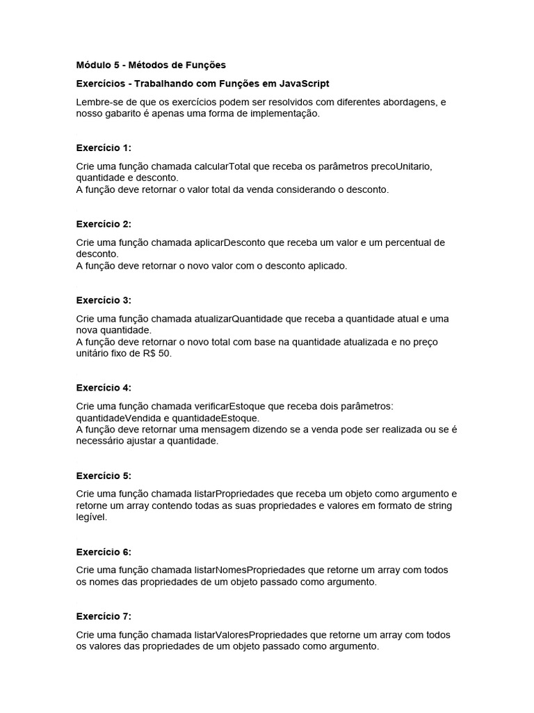 Funções em JavaScript: Exercícios Práticos | PDF