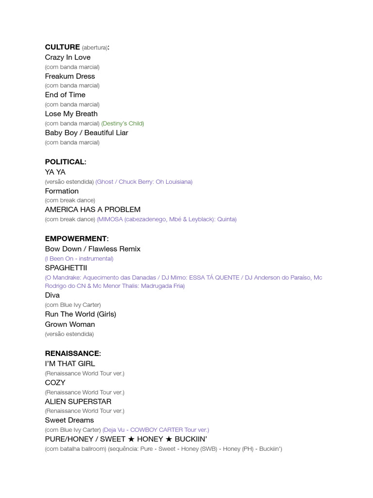 Beyoncé Concert Setlist Breakdown | PDF
