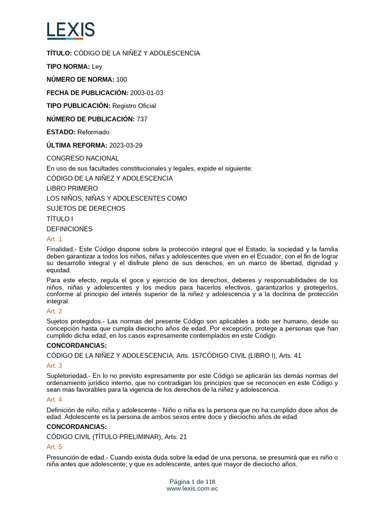 Código de la Niñez y Adolescencia Ecuador | PDF | Familia | Derechos de ...