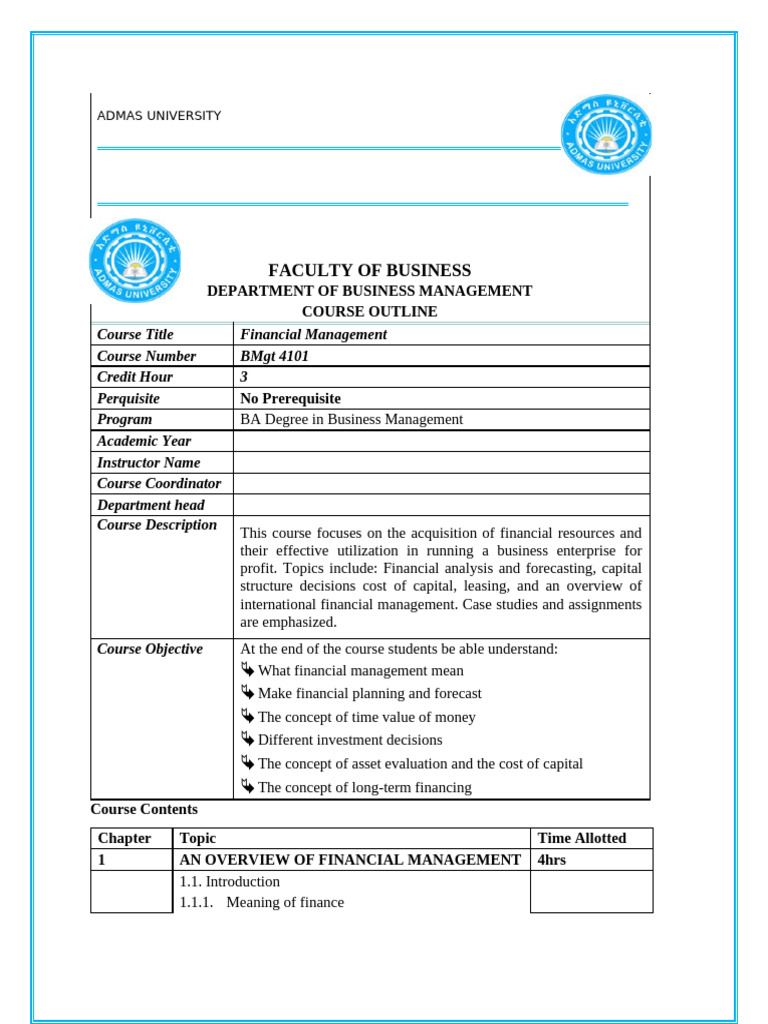 Financial Management Course Outline | PDF | Cost Of Capital | Valuation ...