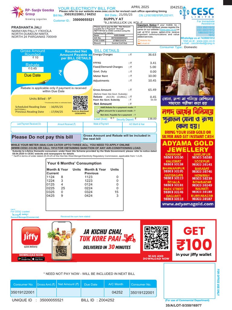 CESC Electricity Bill Overview | PDF | Economies | Power (Physics)
