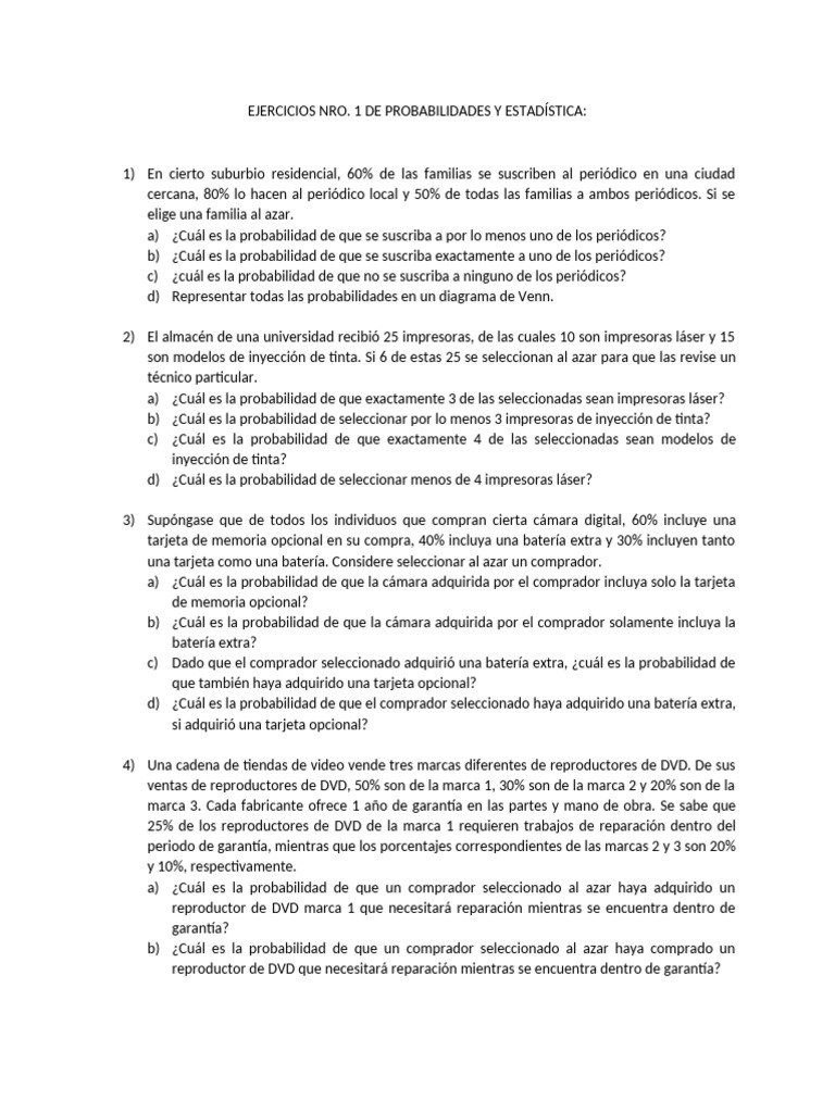 Ejercicios Nro 1 de Probabilidades y Estadística | PDF | DVD ...