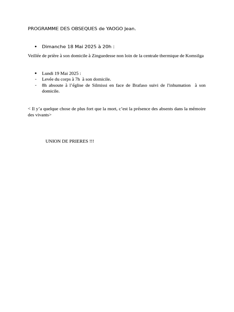 Programme des obsèques de Yaogo Jean | PDF