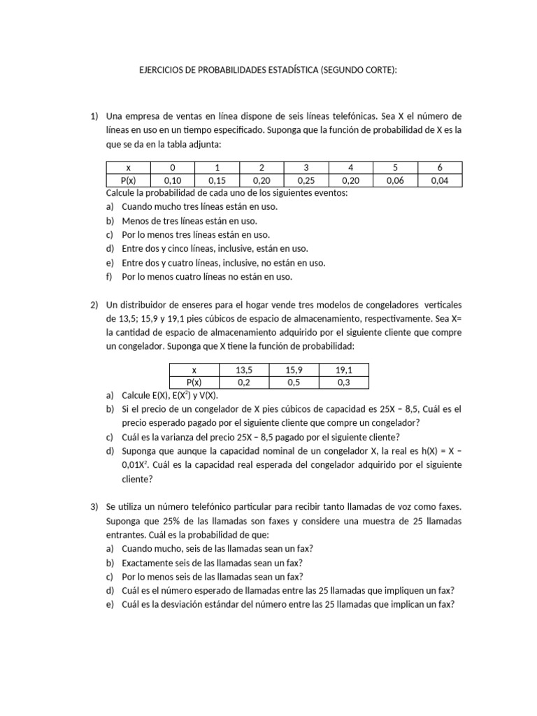 Ejercicios de Probabilidades y Estadística (Segundo Corte) | PDF ...