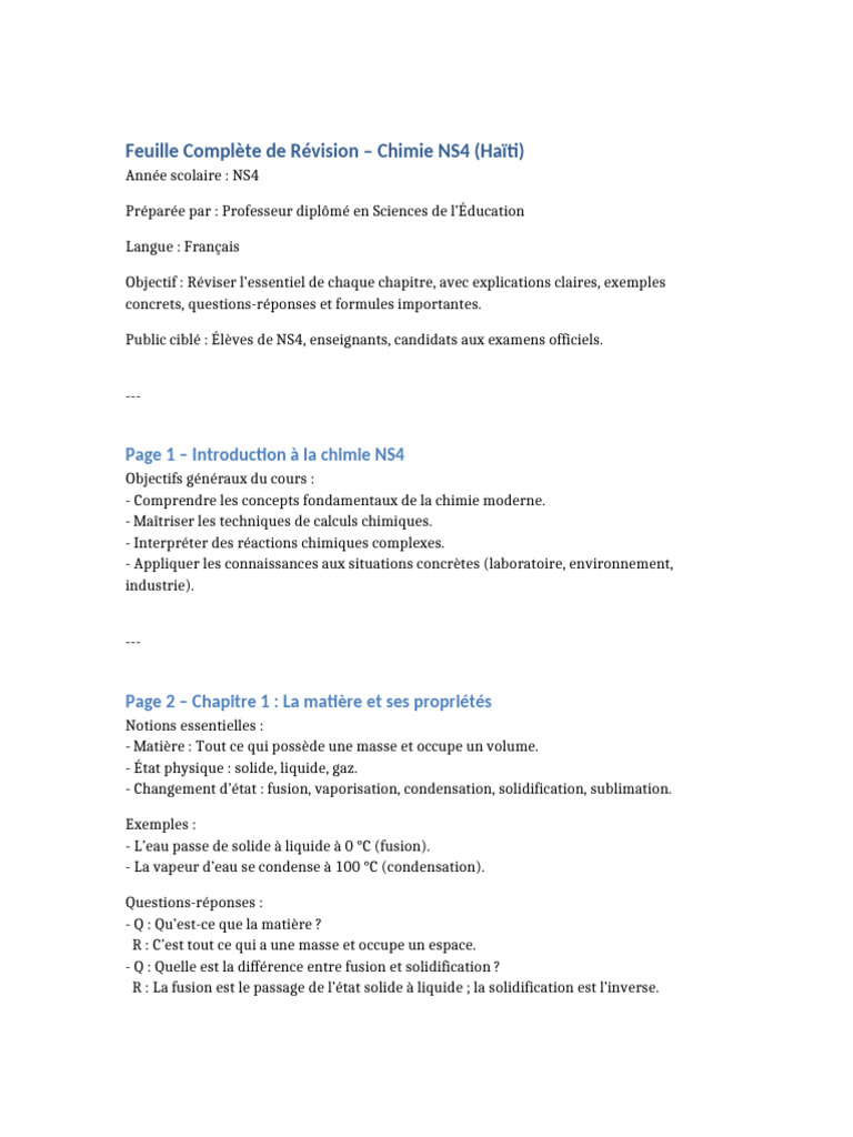 Révision Chimie NS4 - Haïti 2025 | PDF | Chimie | Mole (unité)