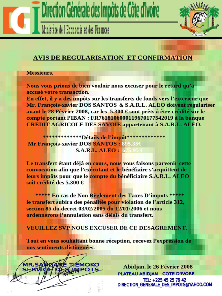 Avis de régularisation de transfert | PDF