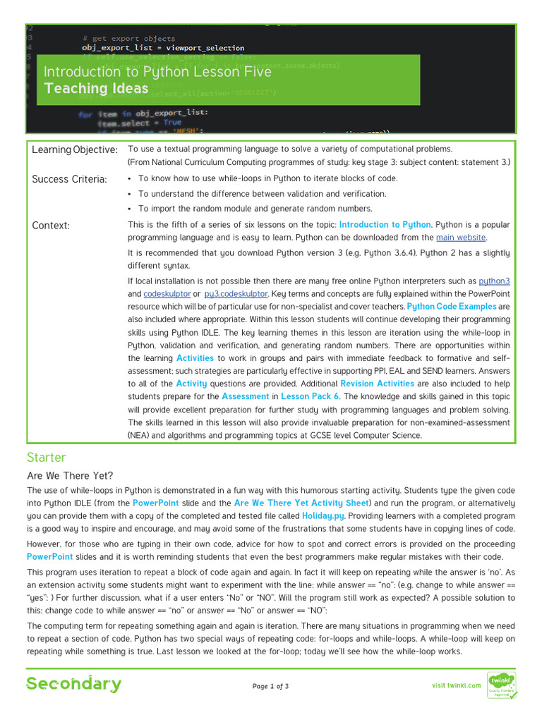 Teaching Ideas Lesson Five | PDF | Python (Programming Language ...
