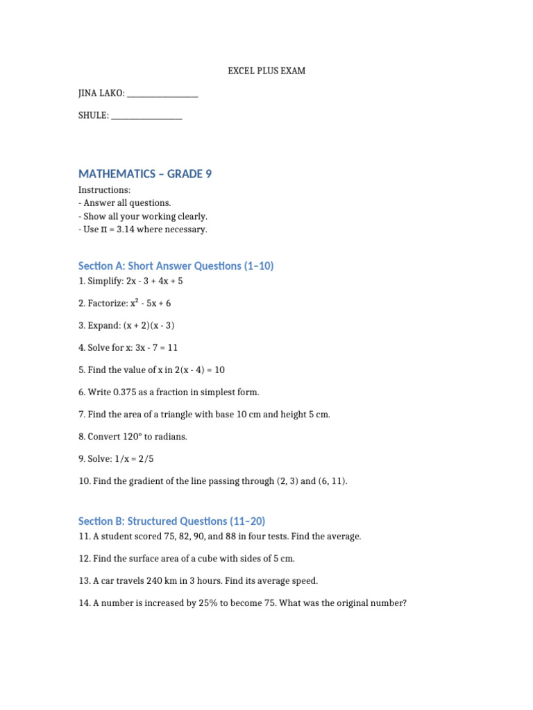 Grade 9 Mathematics Exam Questions | PDF