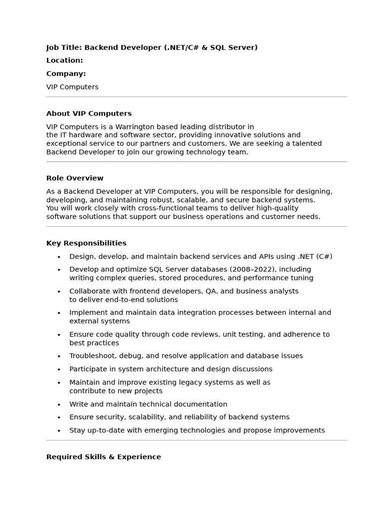 Backend Developer Role at VIP Computers | PDF | Databases | Microsoft ...