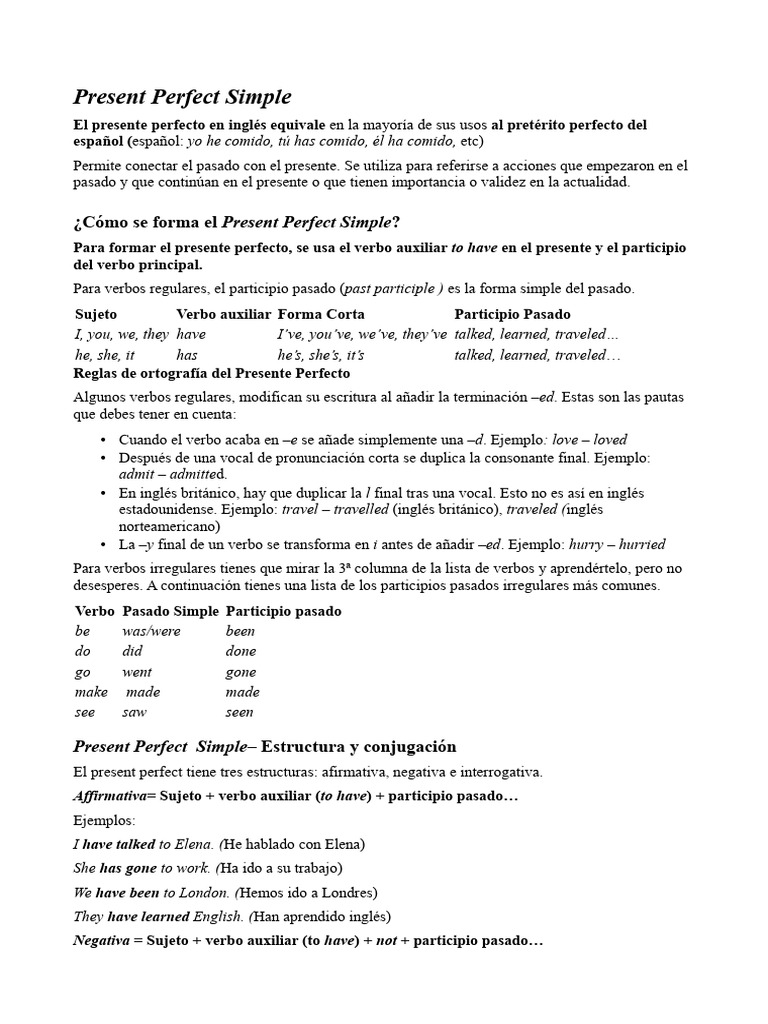 Estructura del Present Perfect en Inglés | PDF | Verbo | Morfología ...