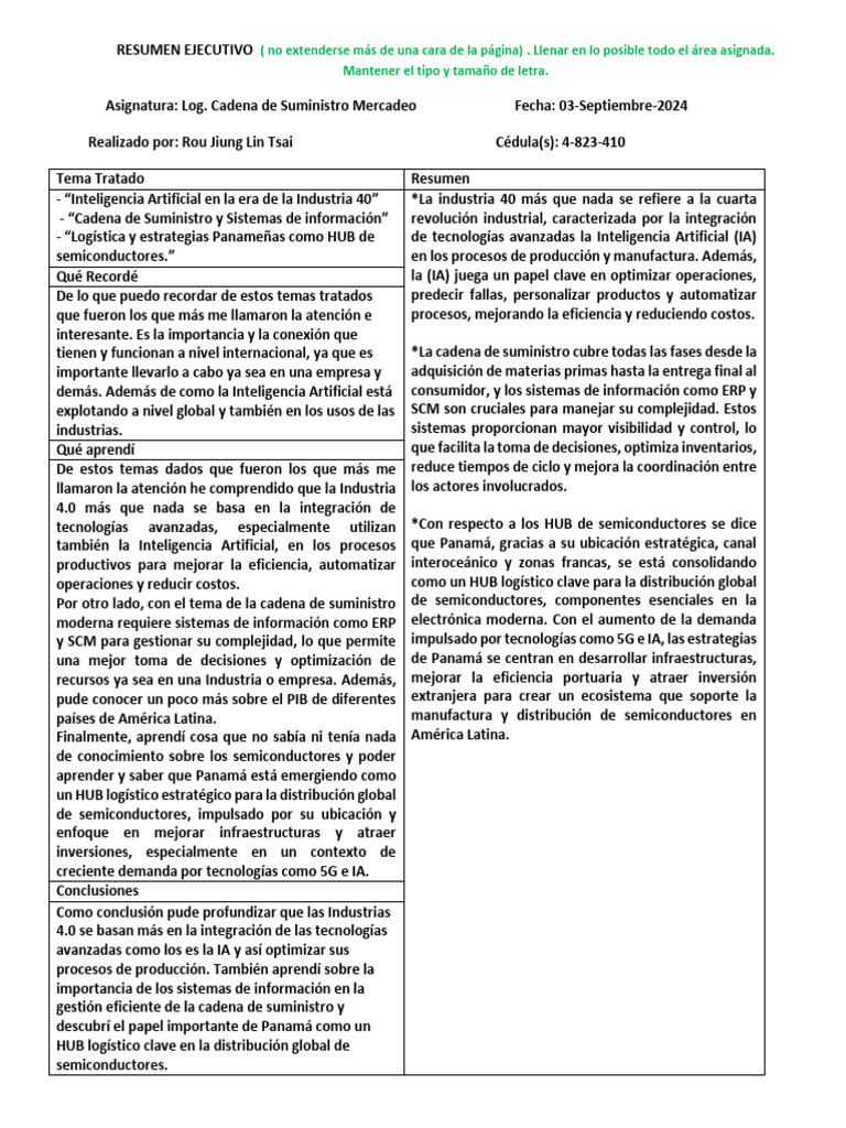 Resumen Ejecutivo Formato Rou Lin | PDF | Cadena de suministro ...
