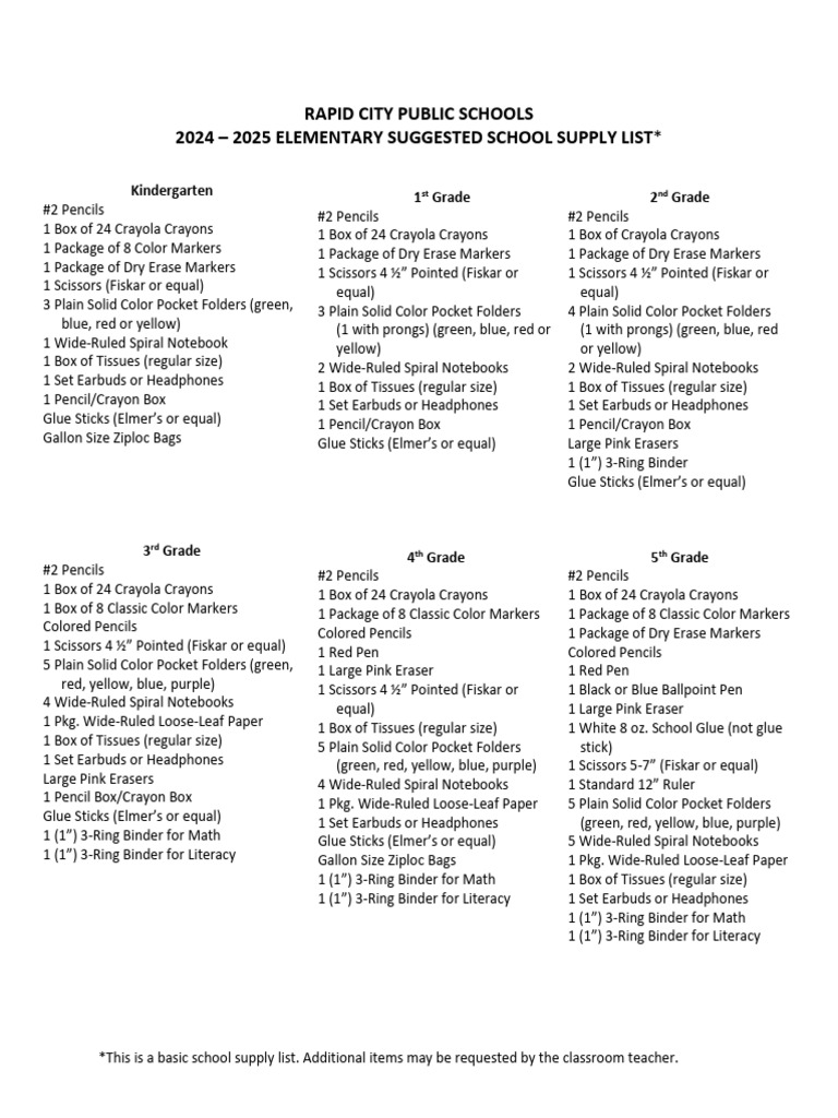 2024-2025 Elementary School Supply List | PDF | Pencil | Notebook