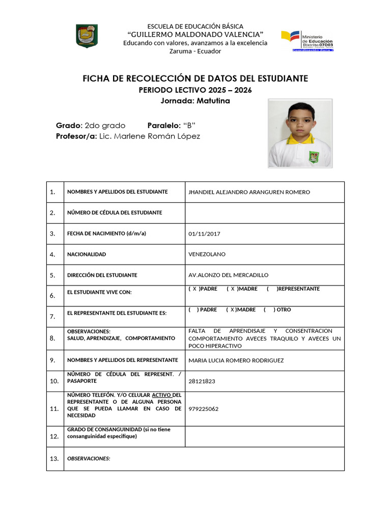Ficha de Recolección de Datos Del Estudiante 2025 | PDF