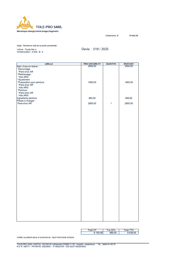 Devis réparation carrosserie Toyota | PDF
