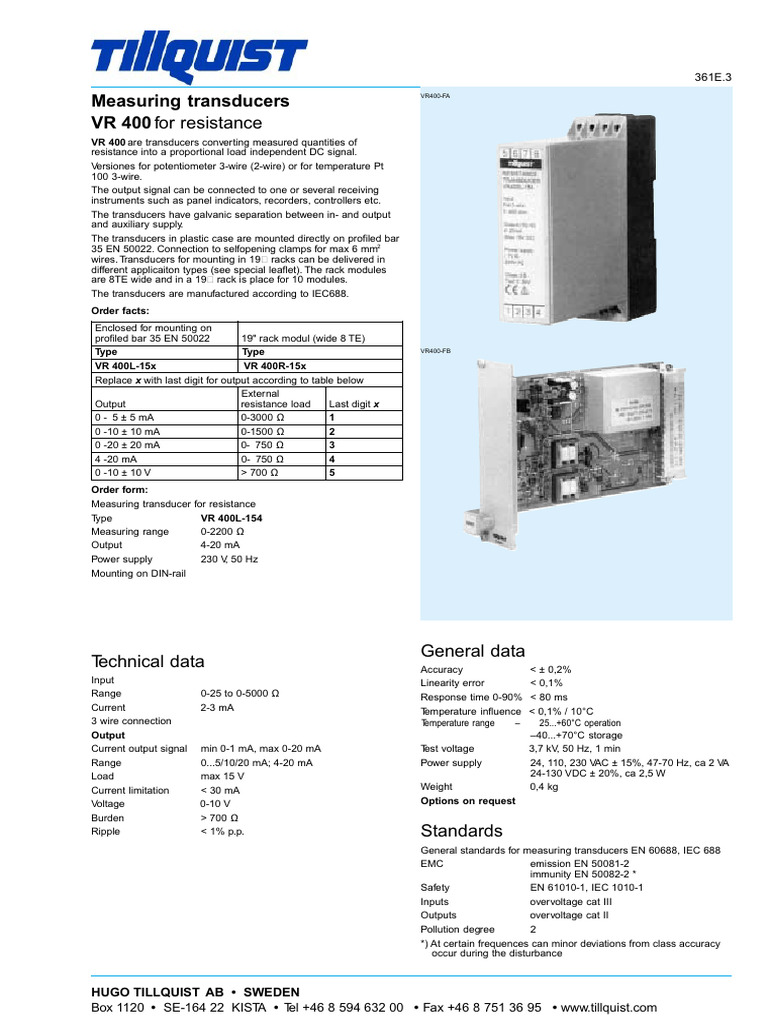 Tillquist VR 400 Measuring Transducers | PDF | Equipment | Electric Power