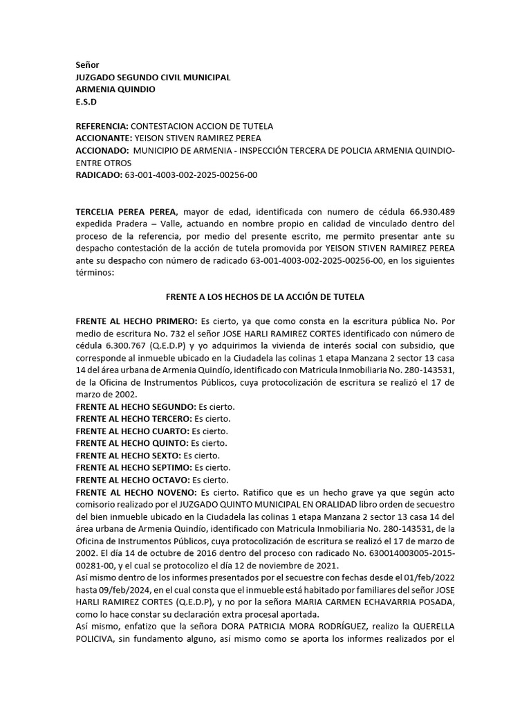 Contestación Tutela Yeison Ramírez | PDF