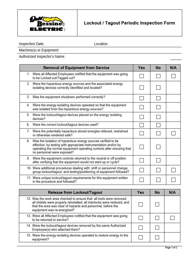 Lockout/Tagout Inspection Checklist | PDF | Safety | Occupational ...