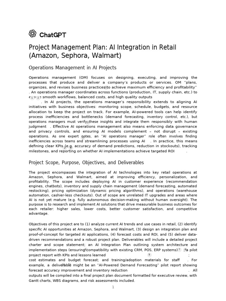Project Management Plan - AI Integration in Retail (Amazon, Sephora ...