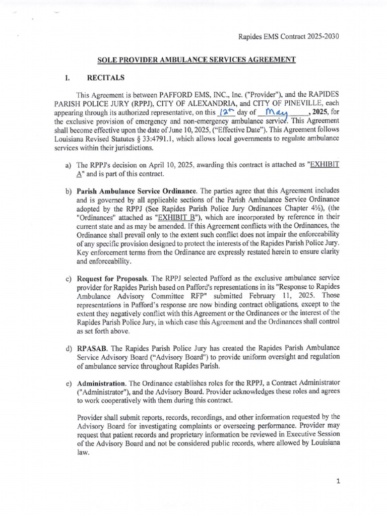 Pafford EMS-Rapides Parish Police Jury Contract | PDF