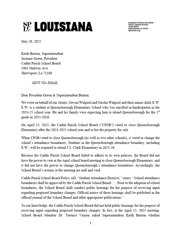 Southern Poverty Law Center Letter To Caddo Parish School Board | PDF ...