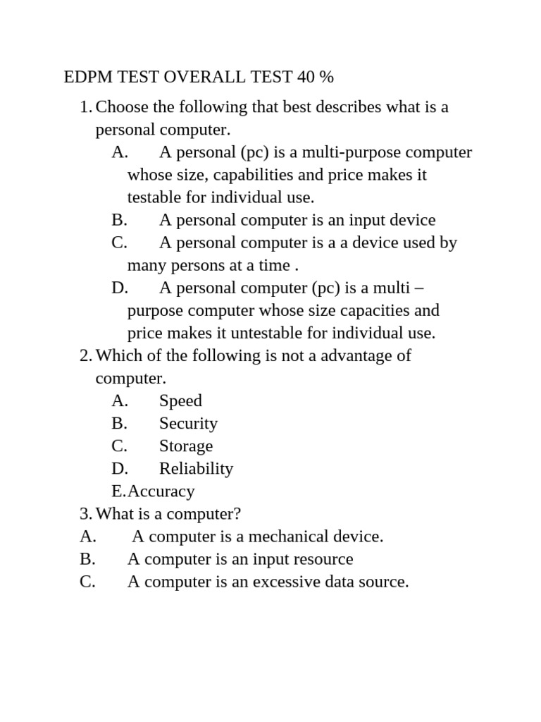 Personal Computer and Software Basics Test | PDF | Personal Computers ...