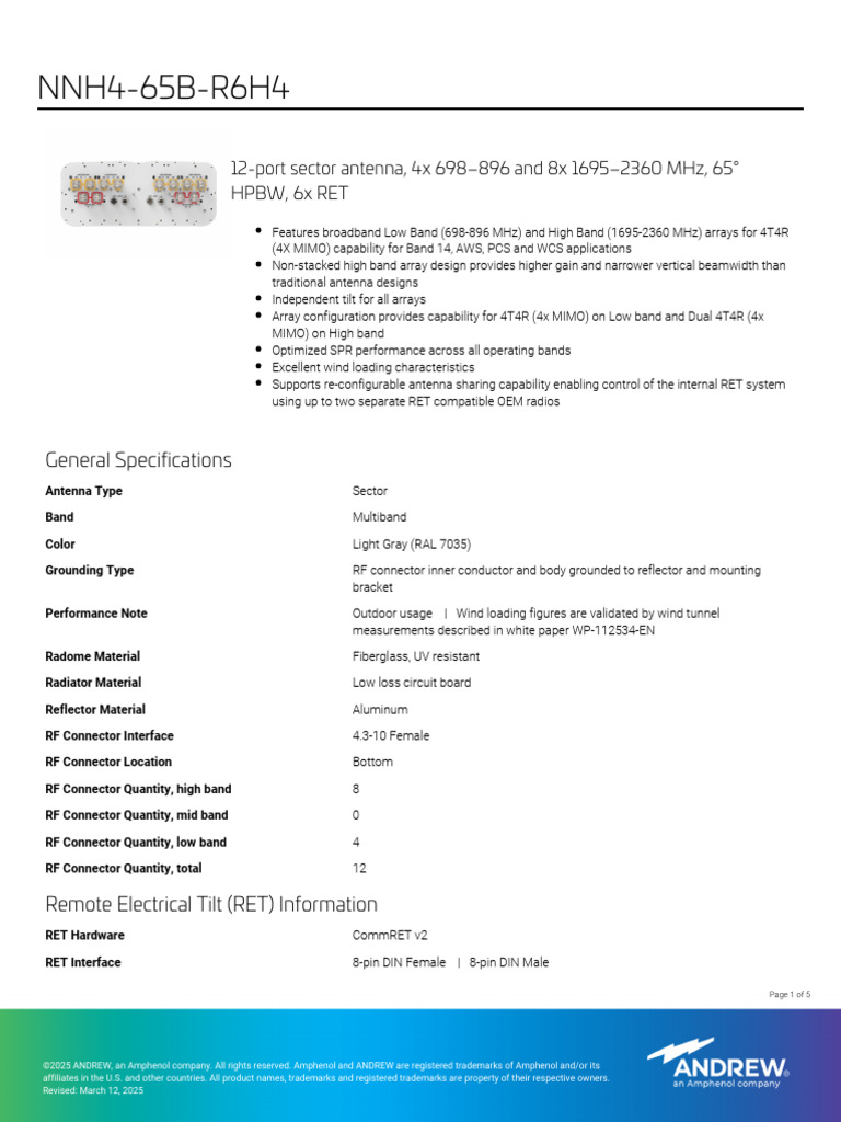 Nnh4 65b r6h4 Product Specifications | PDF | Antenna (Radio ...