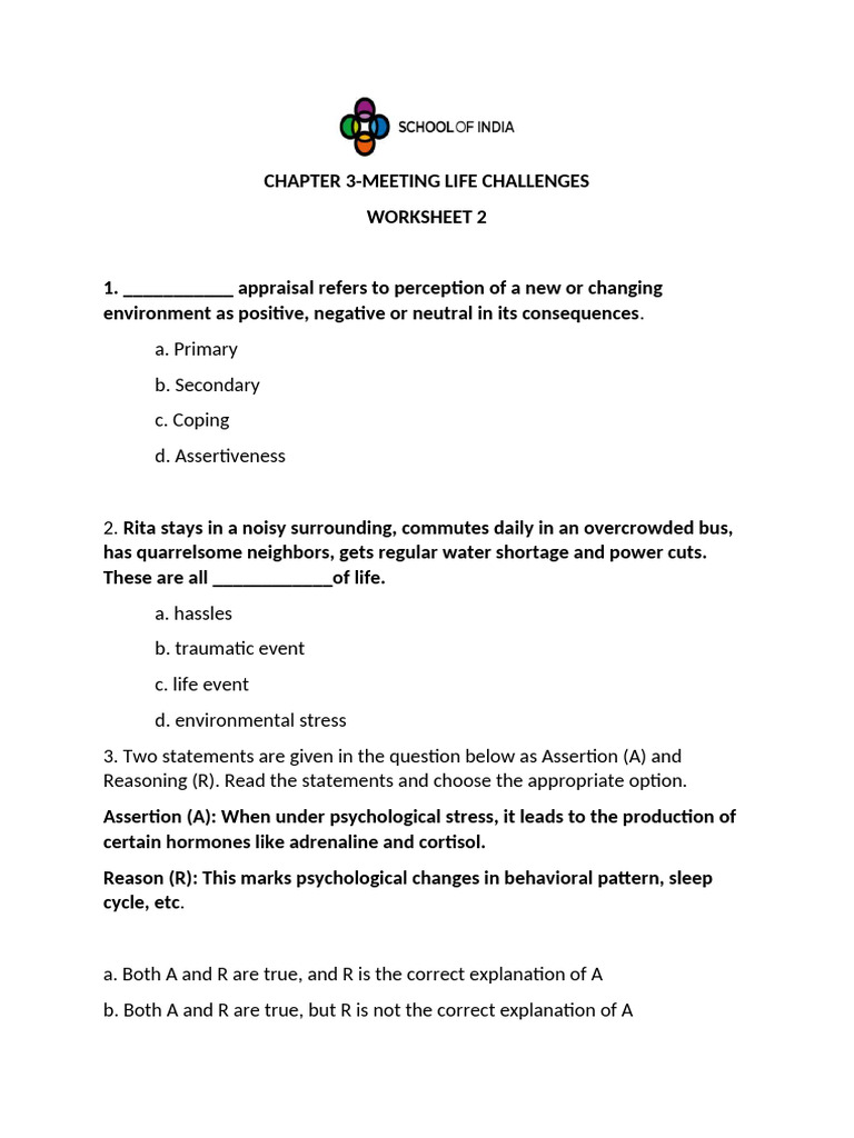 CHAPTER 3 BST Worksheet 2 | PDF | Stress (Biology) | Thought