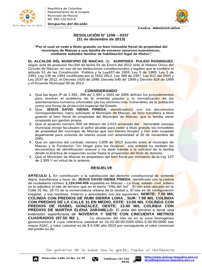 Resolucion 0337 | PDF | Alcalde | Justicia