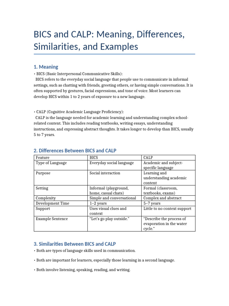 BICS vs CALP: Key Differences Explained | PDF | Learning | Behavior ...
