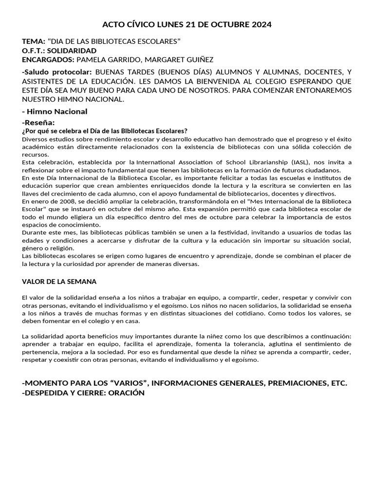Acto Cívico Lunes 21 de Octubre 2024 | PDF | Biblioteca escolar | Escuelas
