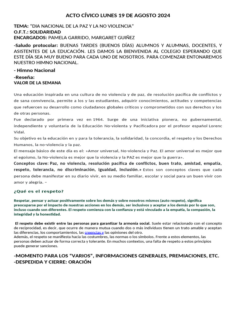 Acto Cívico Lunes 19 de Agosto 2024 | PDF | Amor | Tolerancia