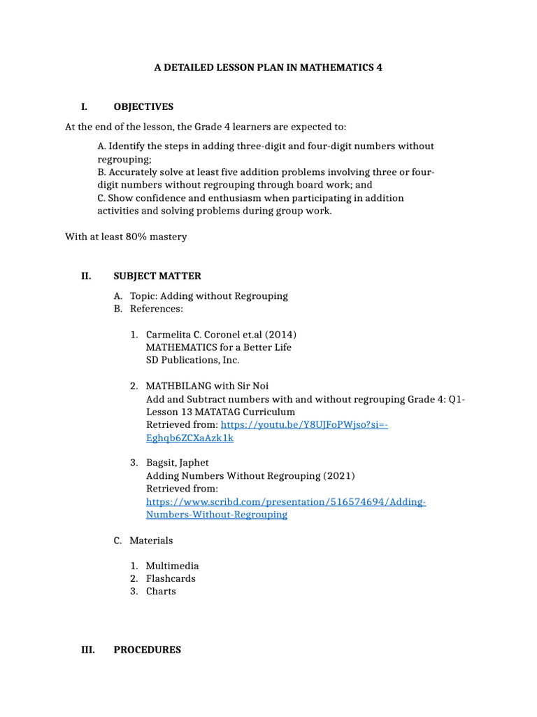 Grade 4 Math Lesson: Addition Without Regrouping | PDF