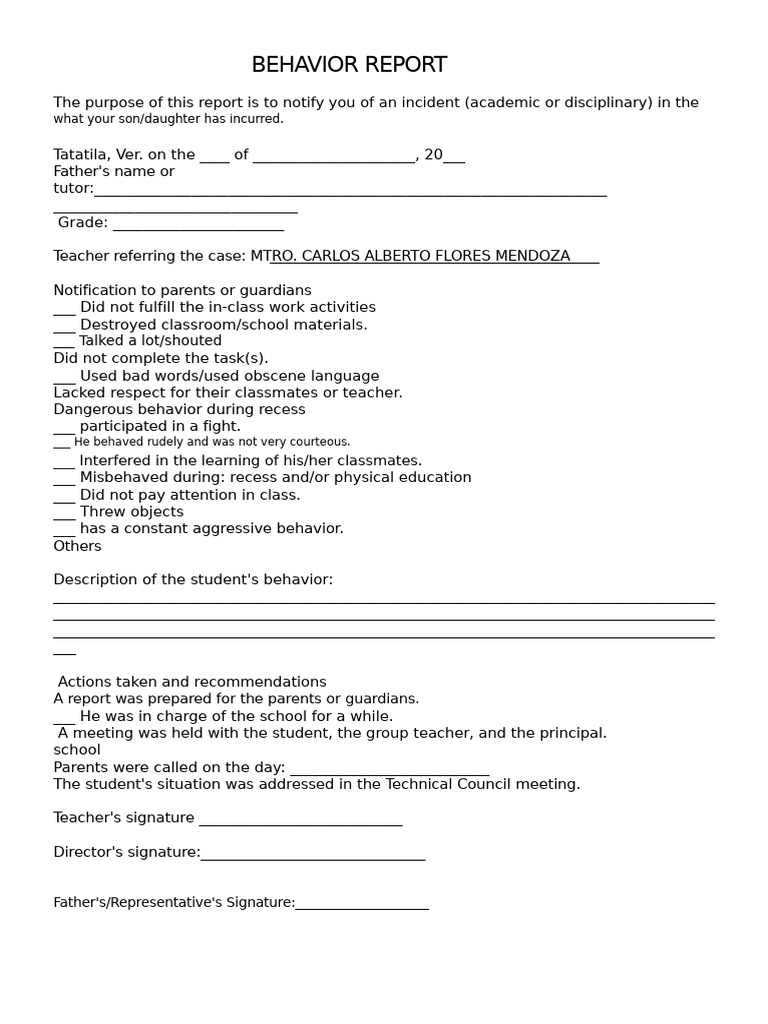 Student Behavior Incident Report | PDF