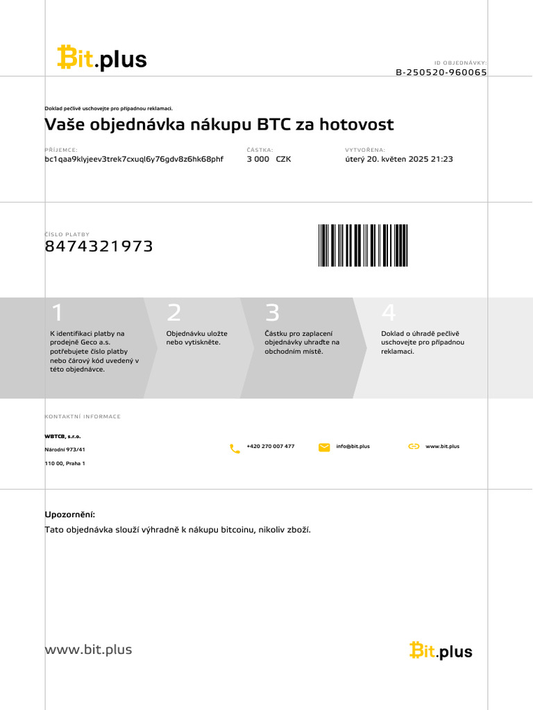 Va e Objednávka Nákupu BTC Za Hotovost: WWW - Bit.plus | PDF