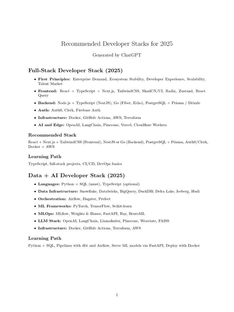 Recommended Developer Stacks For 2025 | PDF