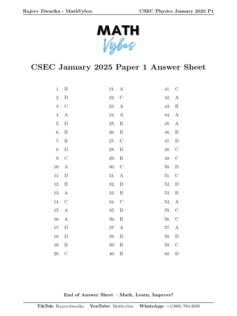 CSEC Physics Jan 2025 P1 Answers | PDF