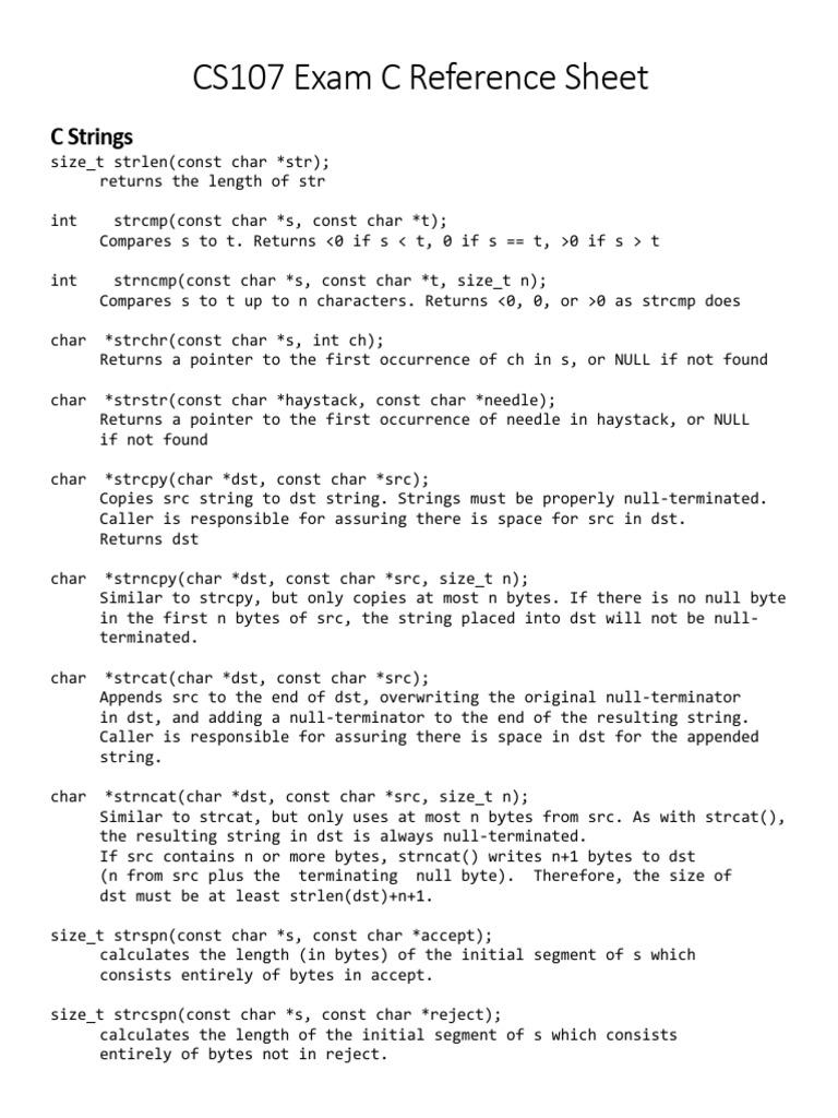 CS107 Exam C Reference Sheet | PDF | Pointer (Computer Programming ...