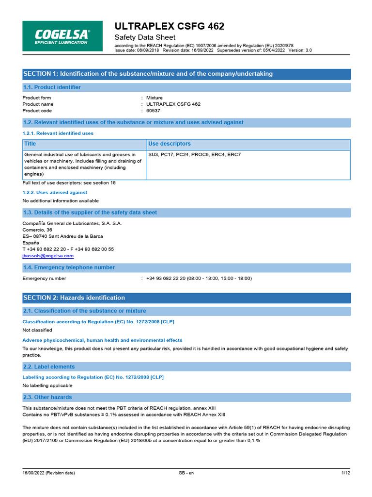 ULTRAPLEX CSFG 462 Safety Data Sheet | PDF | Chemistry | Workplace