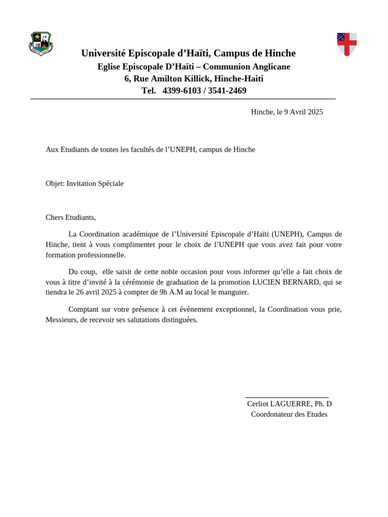 Invitation à la graduation UNEPH Hinche | PDF