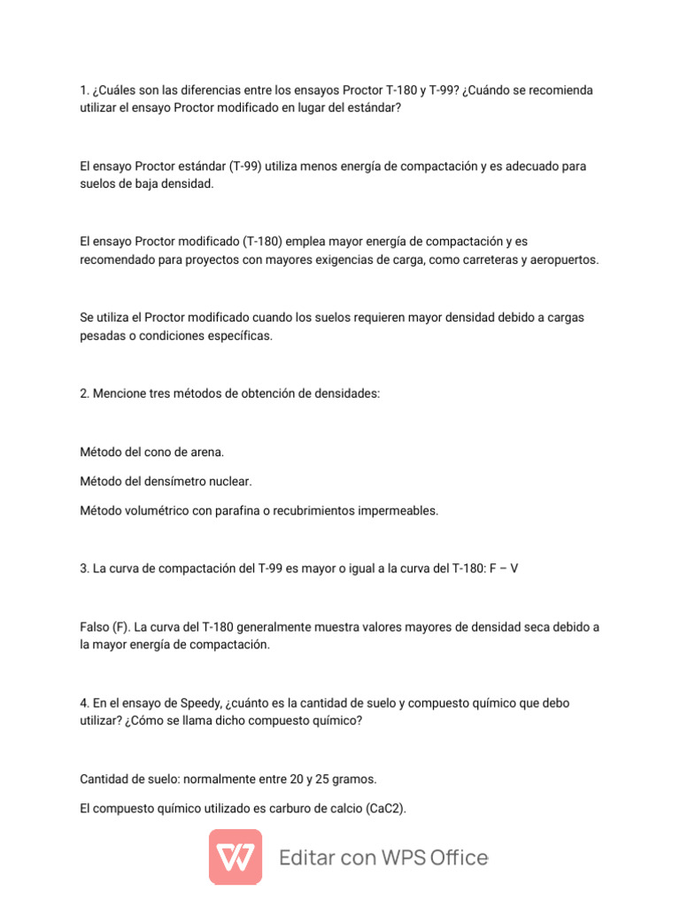 Diferencias entre ensayos Proctor T-99 y T-180 | PDF | Densidad