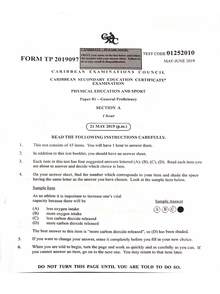 CSEC Physical Education June 2019 Paper 1A - 1 | PDF