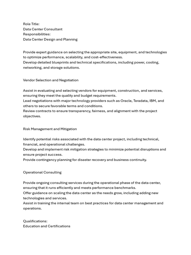 Data Center Consultant Role Overview | PDF | Data Center | Project ...