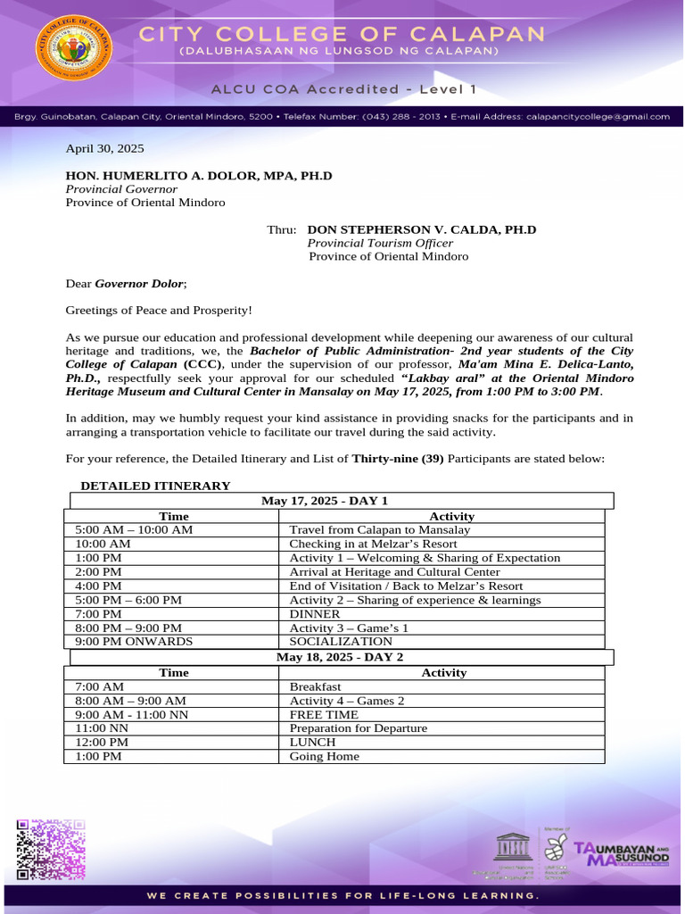 BPA Lakbay Aral Letter To Gov | PDF