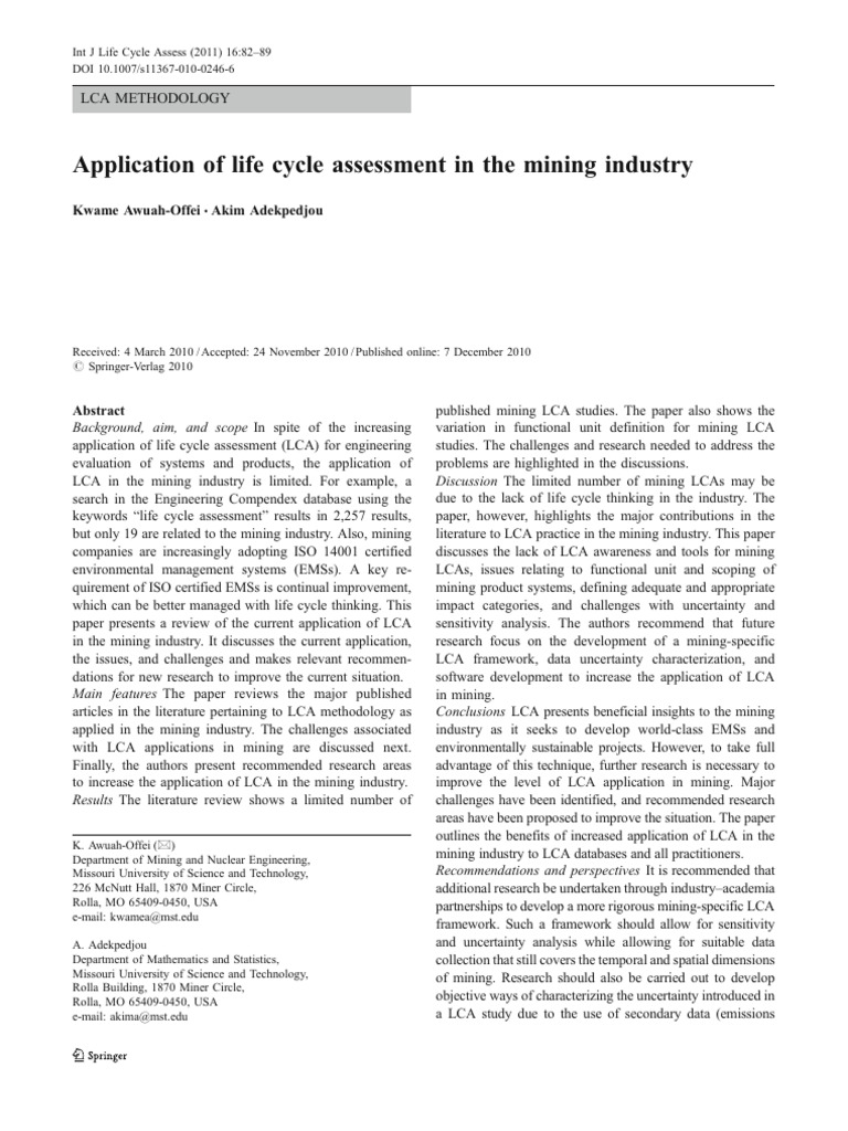 Application of Life Cycle Assessment in The Mining | PDF | Life Cycle ...