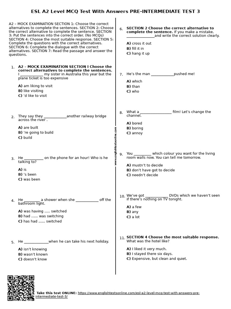 679 - Esl A2 Level MCQ Test With Answers Pre Intermediate Test 3 | PDF ...