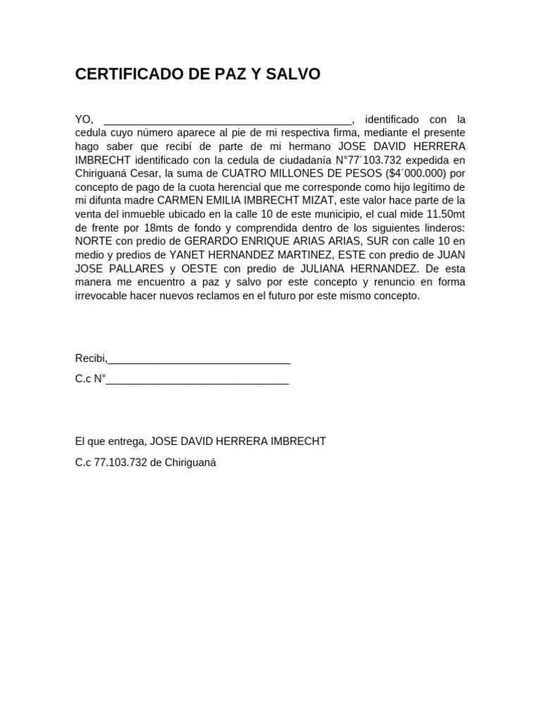 Certificado de Paz y Salvo Herencia | PDF