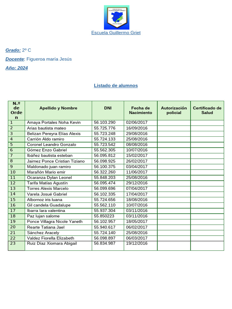 Listado de Alumnos 2º Grado 2024 | PDF