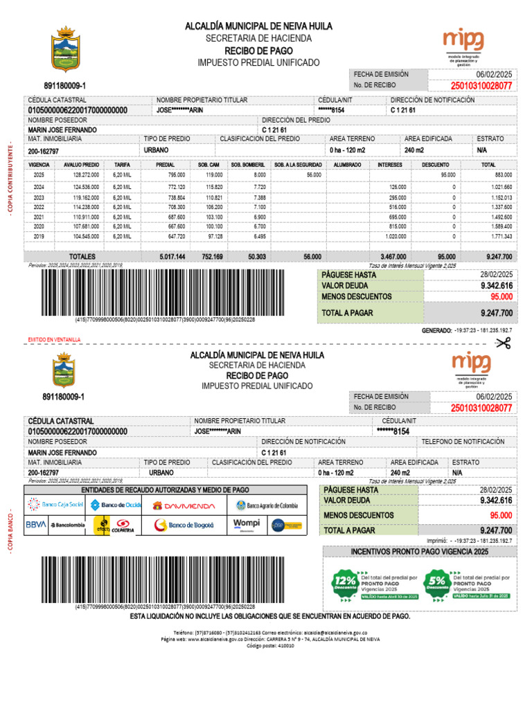 Recibo de Pago Impuesto Predial 2025 | PDF
