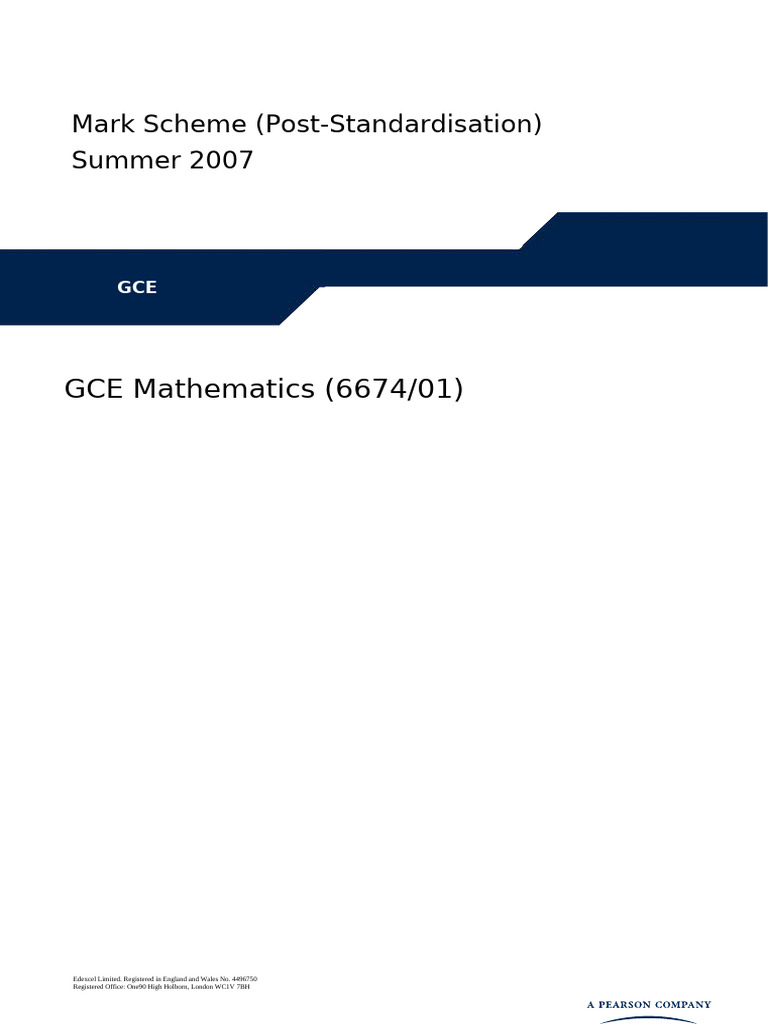 GCE Mathematics Summer 2007 Mark Scheme | PDF | Mathematics ...