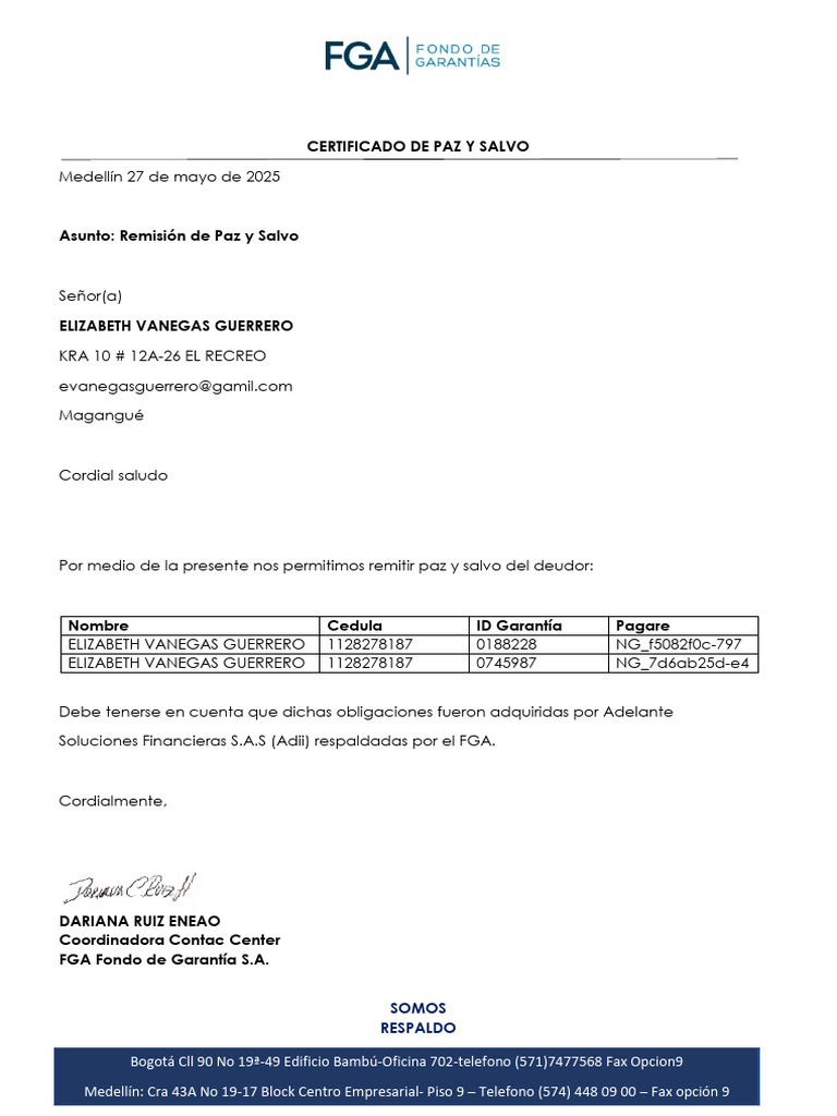 Certificado de Paz y Salvo - Elizabeth Vanegas | PDF